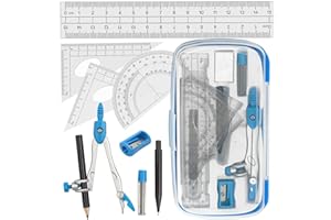 Akuoly Drafting Compass Kit School Supply Set Featuring Geometry Compass, Protractor, Set Squares, and Ruler – for School Grade Boy snd Girl with Every Piece Compact in Carrying Case, Classic Blue