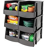 IRIS USA Extra Large Stackable Storage Bins, 6-Pack, 13"L x 10"W x 8"H, |Made in USA|, Plastic Open Front Shelf Bin for Organizing Parts, Hardware, Tools, Supplies, Garage Shelf, Pantry - Black