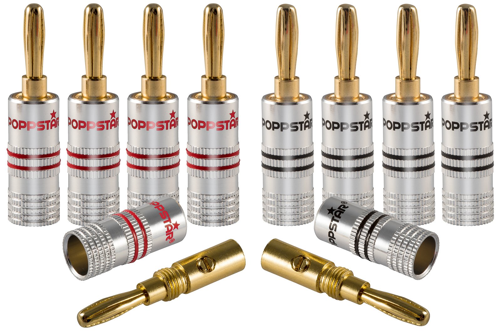 Poppstar Banana plug, for cables up to 4 sq mm screwed or 6 sq mm soldered, 24k gold plated contacts, set of 10