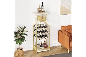 LALFPET Gold Metal Freestanding Wine Rack Console Table - 6-Tier Floor Storage Shelf with Hanging Glass Holder - 12-Bottle Mi