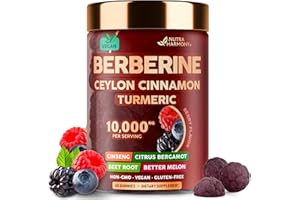 NUTRAHARMONY Berberine with Ceylon Cinnamon Gummies 10000 mg - Turmeric | Ginseng | Citrus Bergamot | Beet Root | Bitter Melon - 7-in-1 Heart Support, Metabolism & Energy - Mixed Berry Flavor - Vegan, 60 Gummies