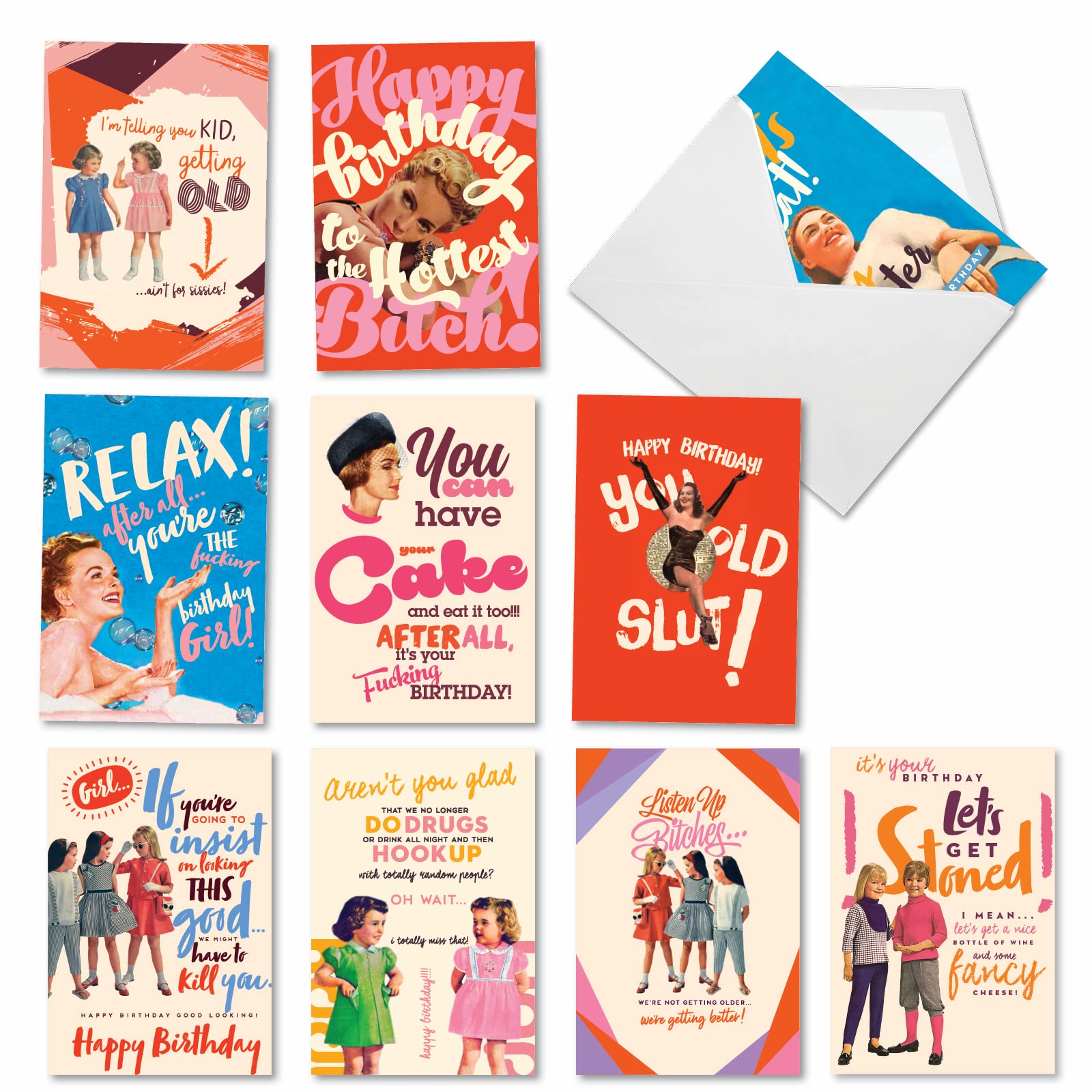 NobleWorks - 10 Funny Birthday Cards Assortment - Adult Retro Notecard Set, Bulk Boxed Humor - Ageless O+D AC6936BDB-B1x10