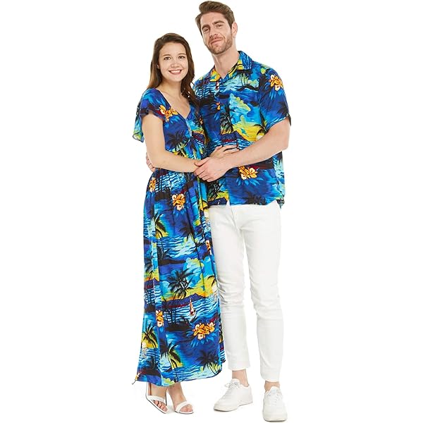 Matching Hawaiian Luau Outfit - Blue Sunset Mermaid Dress & Aloha Shirt Couples Set