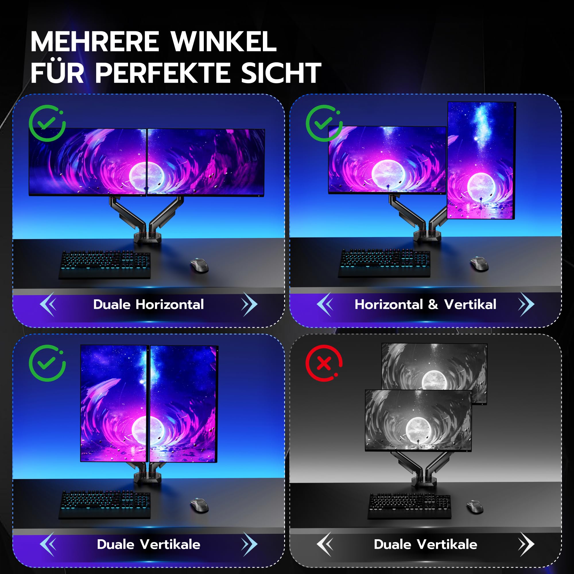 ARES WING Monitor Halterung 2 Monitore für 17–35" Bildschirme,Dual Monitorarm mit 2–12 kg Tragkraft,Bildschirmhalterung Höhenverstellbar, 75/100mm Vesa-Halterung,Schwarz 6