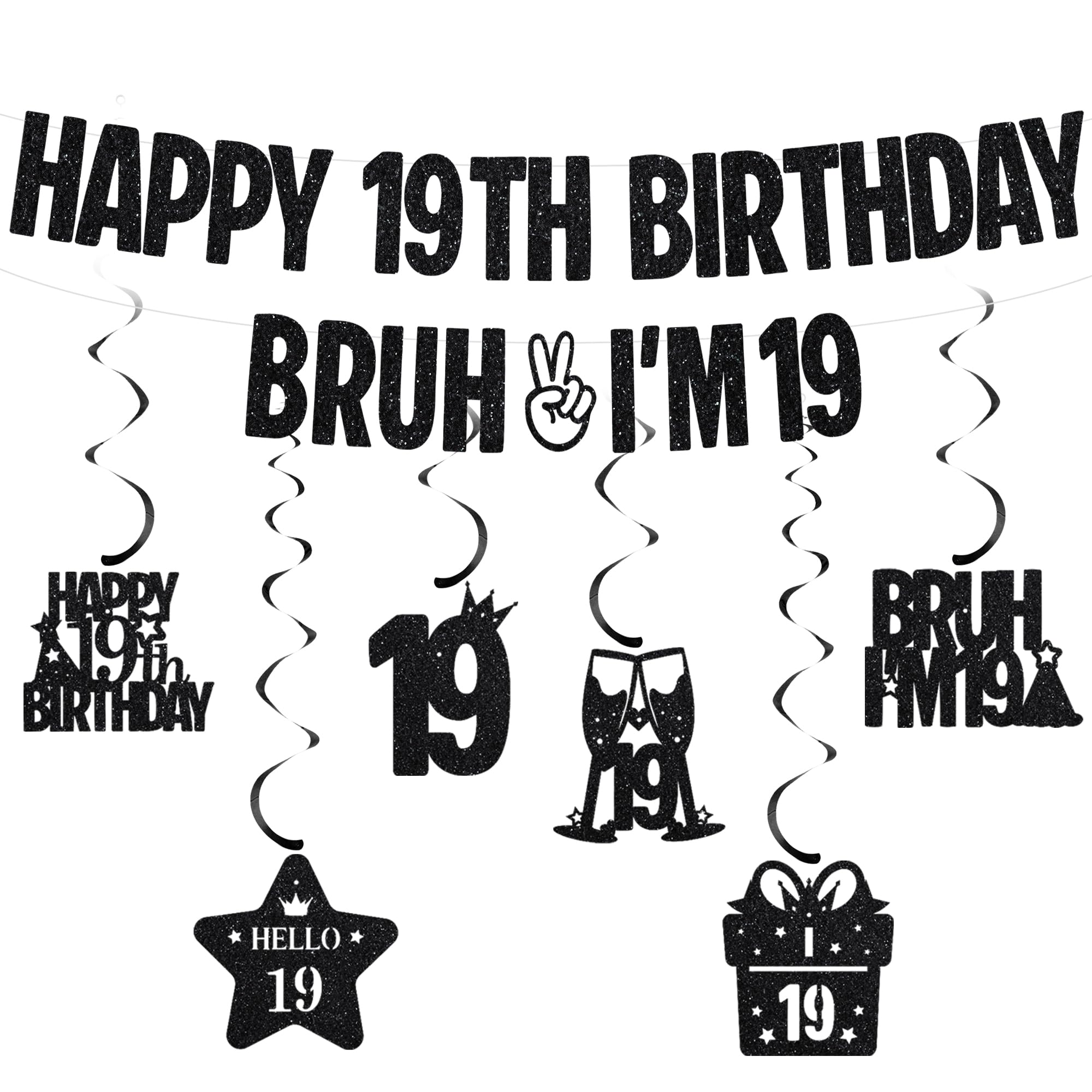Happy 19th Birthday Banner Decorations - Glitter Bruh I’m 19 Banners with Hanging Swirls, Black Funny Birthday Party Supplies for Boys and Girls
