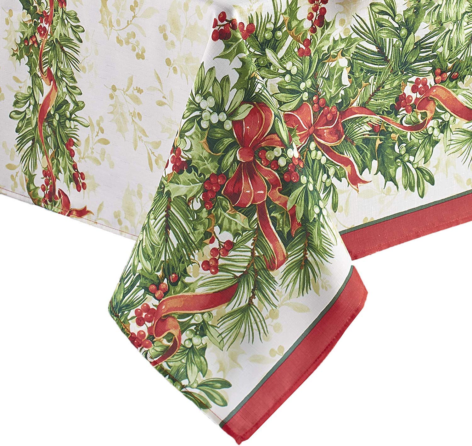 Newbridge Christmas Holly Ribbon Traditions Bordered 60 x 84 Inch Rectangle Fabric Tablecloth, Boughs of Holly and Berry Ribbon Garland Dining Table Cover for Holiday Party