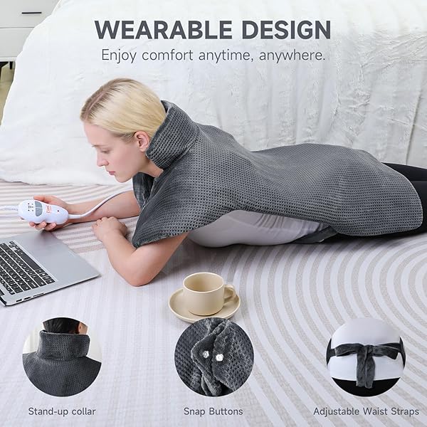 TIMICALDA HEATING PAD FOR NECK – WEARABLE ELECTRIC HEATING PADS FOR BACK, SHOULDER AND WAIST, LARGE HEAT PAD WITH 4 MASSAGE MODES & 2 HEAT LEVELS, 24″X35″, 4 MOTOR, GRAY