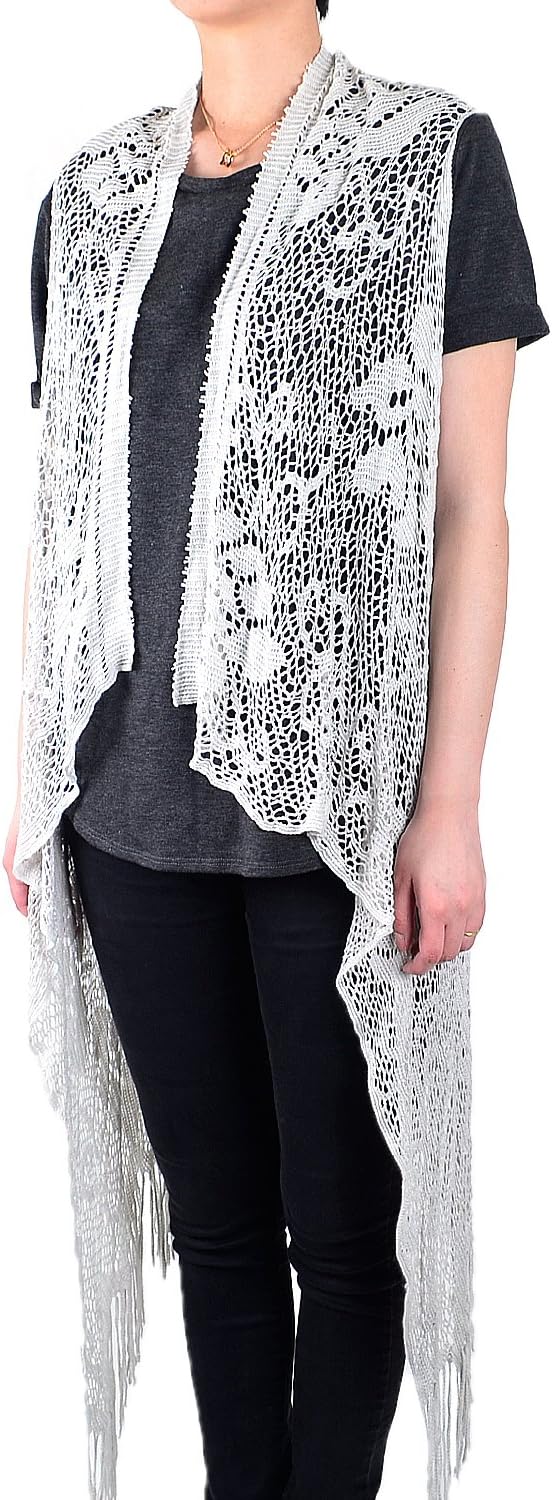 White DeerWomen's Sleeveless Floral Lace Vest Cardigan Kimono Poncho Open Front Long Fringe