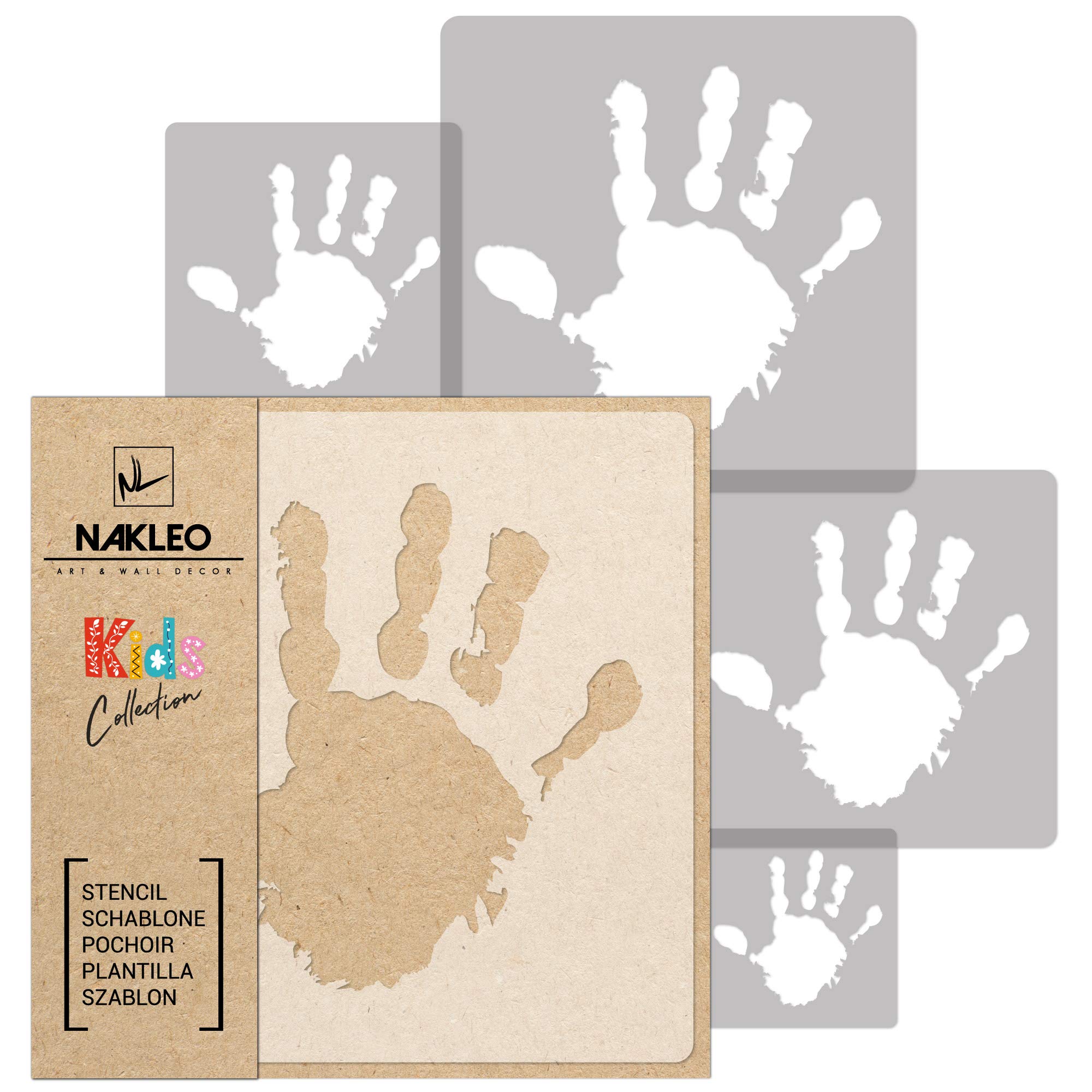 NAKLEO Painting Stencils Set for Nursery Room, 5 Pcs Templates 9x9 to 34x34cm Hand Human Handprint, Plastic and Reusable Drawing Stencils, Decor, Craft DIY Wall Furniture