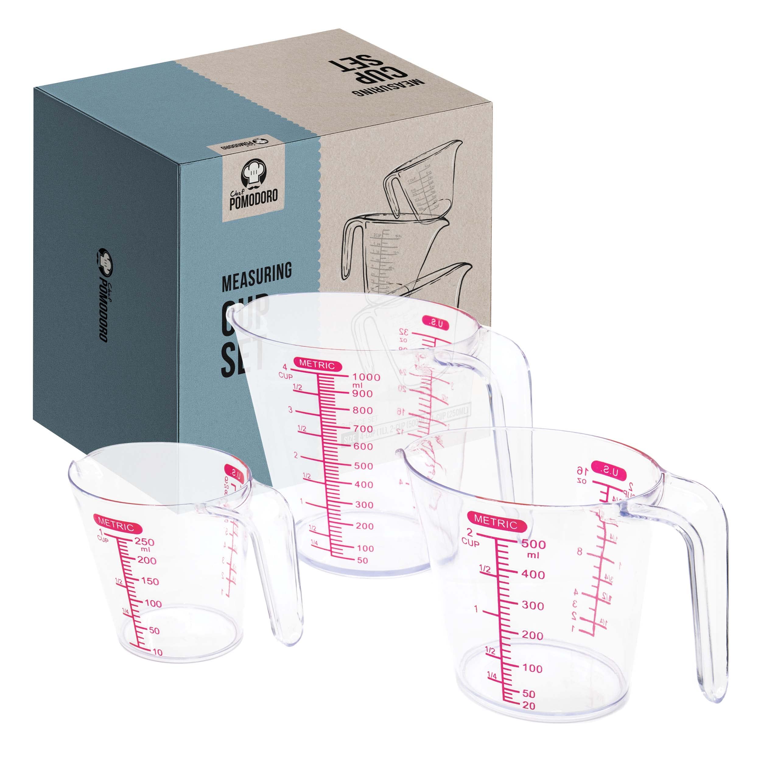 Chef Pomodoro 3-Piece Liquid Meausuring Cups Set - Ml and Oz Measuring Cup - Includes 1, 2 and 4 Cup, BPA-Free Plastic Measuring Cups for Liquids, Stackable Nesting Measuring Cup