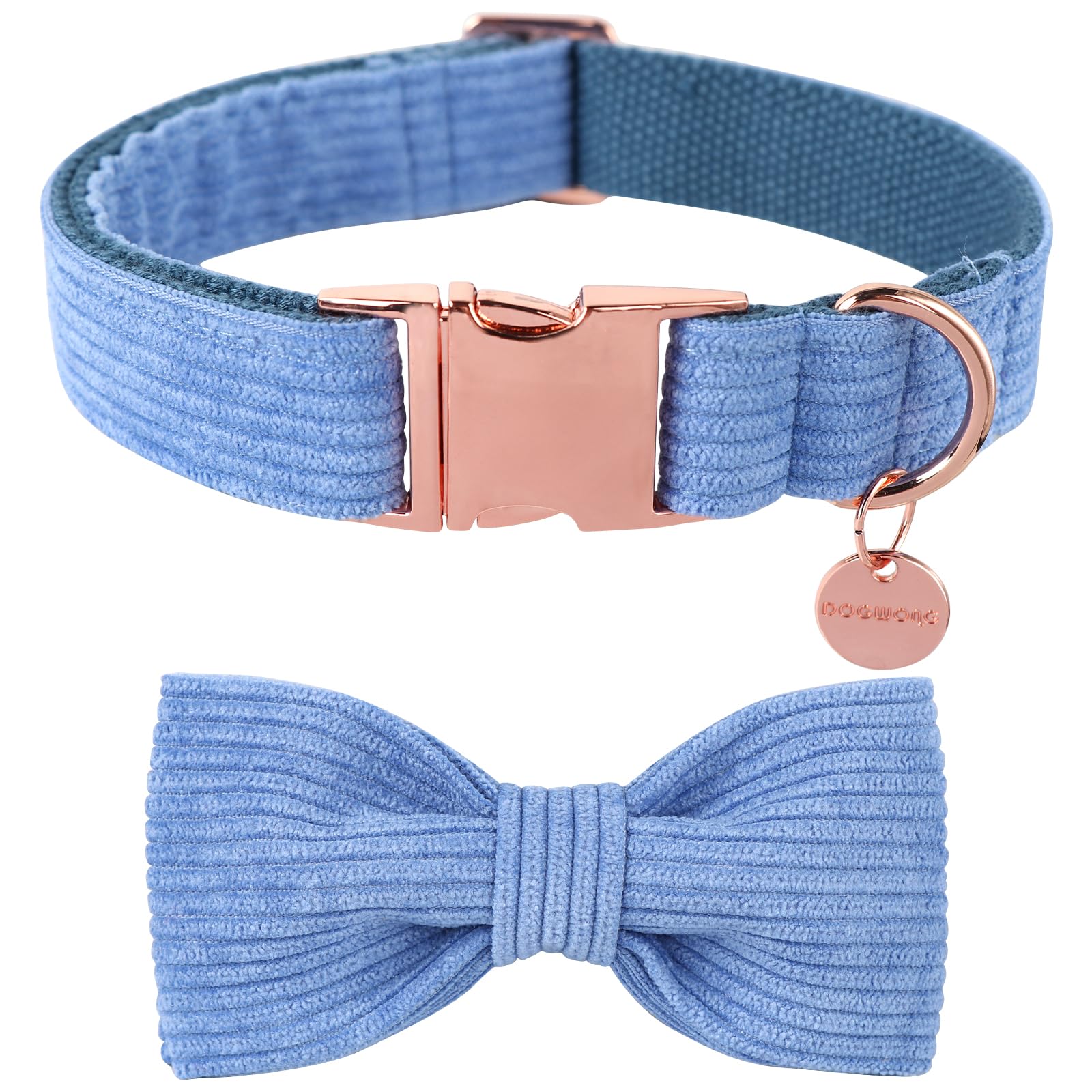 DOGWONG Corduroy Dog Collar with Bowtie, Blue Dog Collar Soft Adjustable Pet Collars Durable Puppuy Collars for Small Medium Large Dog, XS (20.3cm-30.5cm)