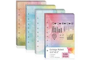 SHIQIKEJIPTY 100 Sheet 5.5" x 8.5" Colored Loose Leaf Paper Half Letter Lined Paper 7 hole punched Wide Ruled Paper Refills College Ruled Notebook Paper Watercolor 80GSM For 3 Or 7 Ring Binders