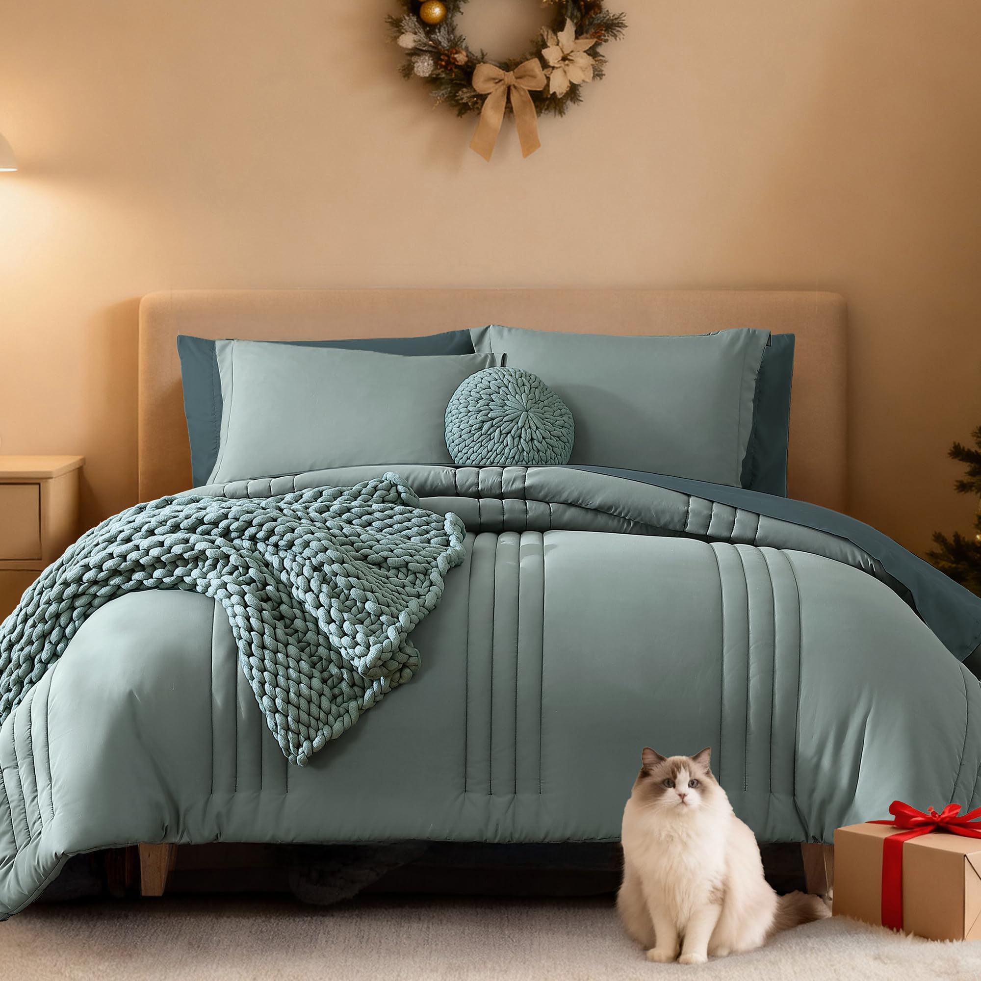 Photo 1 of Monbix Full Size Comforter Set - 7 Pieces Sage Green Bed in a Bag Full Size Bedding Sets with Comforters, All Seasons Comforter with Sheets,Pillowcases & Shams