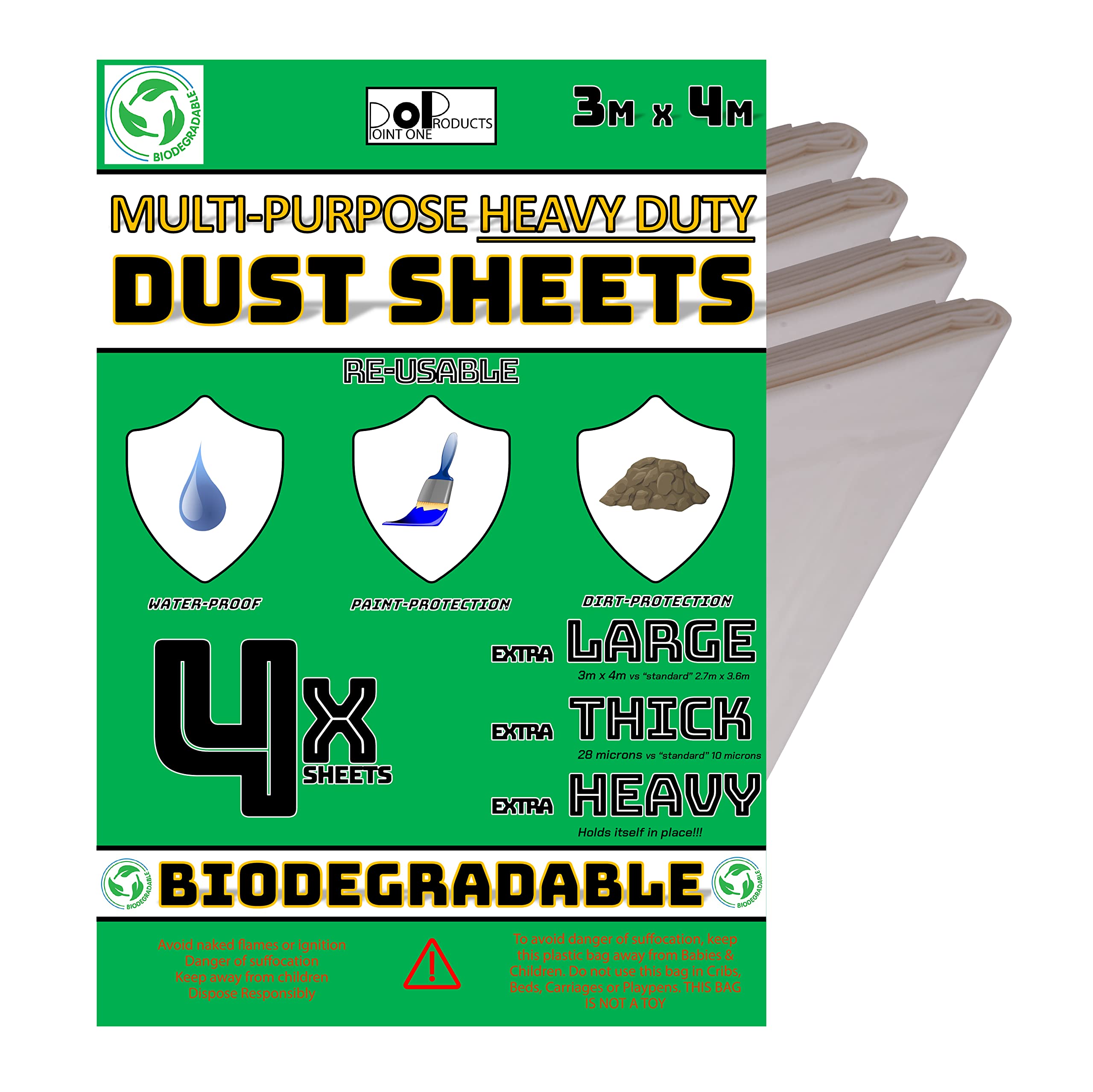 Plastic Dust Sheets for Decorating - Heavy Duty Plastic Sheeting, 100% Waterproof - Ideal Clear Plastic Sheet for use as Carpet Protector Roll. 3m x 4m, 28 microns Thick. from Point One Products Ltd.