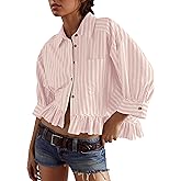 Ymejia Womens 3/4 Length Sleeve Striped Button Down Shirt Loose Fit Drop Shoulder Trendy Ruffle Hem Striped Blouses Top