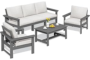 SERWALL HDPE Patio Conversation Set, 6-Piece Sectional Outdoor Furniture Set, All Weather Outdoor Couch Set Patio Furniture Set for Deck, Lawn, Grey Frame with Khaki Cushion