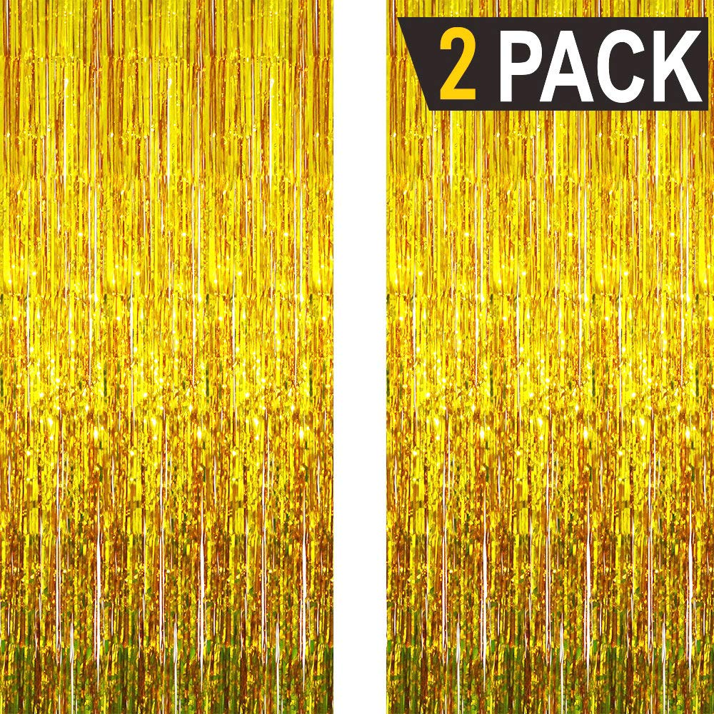 GOER 6.4 ft x 9.8 ft Metallic Tinsel Foil Fringe Curtains,Pack of 2 Party Streamer Backdrop for Birthday,Graduation Decorations and New Year Eve (Gold)