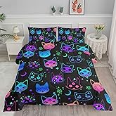 Axolotl Cat Comforter Set Twin,Kawaii Trippy Cat Moon Stars Bedding Set with 1 Comforter 2 Pillowcases for Kids Boys Girls Teens Adults Room Decor All Season,Colorful Neon Trippy Bed Set