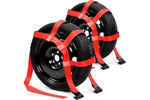 ARMORLOGISTICS Tow Dolly Basket Straps with Flat Hook, 2 Pack Tow Dolly Straps, Fits 14"-17" Tires Wheels, Breaking Strength 10000 lbs, 2" Over Wheel Car Basket Tie Down Strap with Carrying Bag, Red