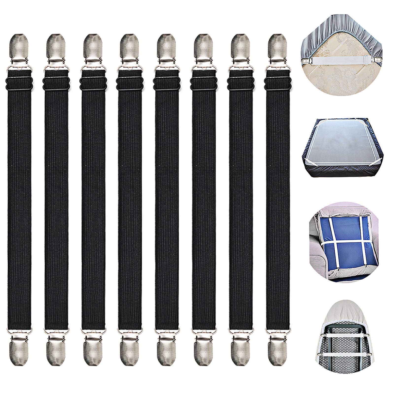Photo 1 of Adjustable Bed Sheet Straps Suspenders Elastic Sheet Fasteners Grippers Garters Clips for Flat & Fitted Sheet Corner Holder,Ironing Board Cover, Mattress, Cribs, Sofa Cushion& More(Short type--8 pack)