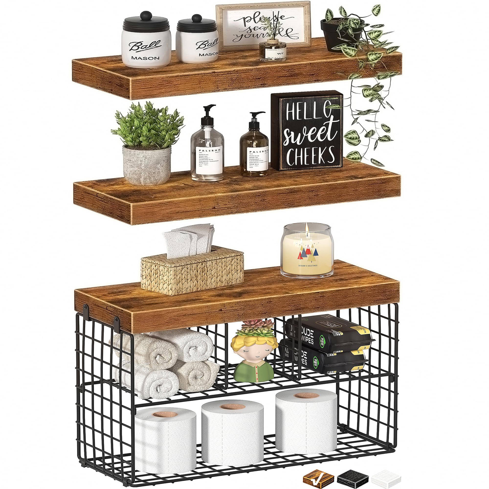Photo 1 of KLUVIS Bathroom Floating Shelves for Wall - Shelf Over Toilet Storage Small Farmhouse Decor Shelves (15.7 inch, Set of 3, Rustic Brown)