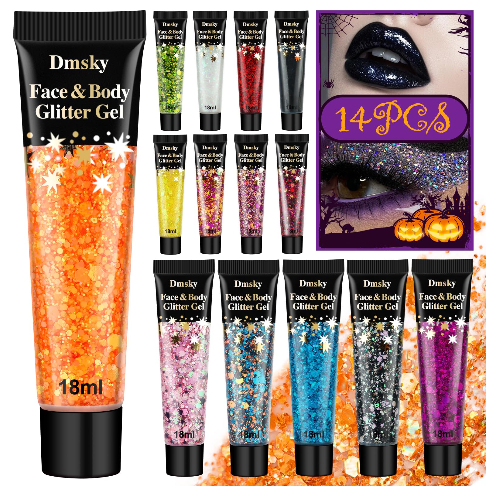 Photo 1 of 14 Colors Body Glitter,Face Glitter Makeup for Kids Women,Sparkly Chunky Hair Glitter for Eye Lip Nails,Mardi Gras Glitter Makeup Face Paint,Singer Concerts Disco Rave Festival Accessories-Hallowmas