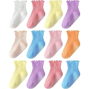 Funjoon Toddler Ruffle Socks for Girls Baby Grip Socks Non Slip Frilly 12Pc | Full-Coverage Silicone Dot, Cute Ruffle Trims,