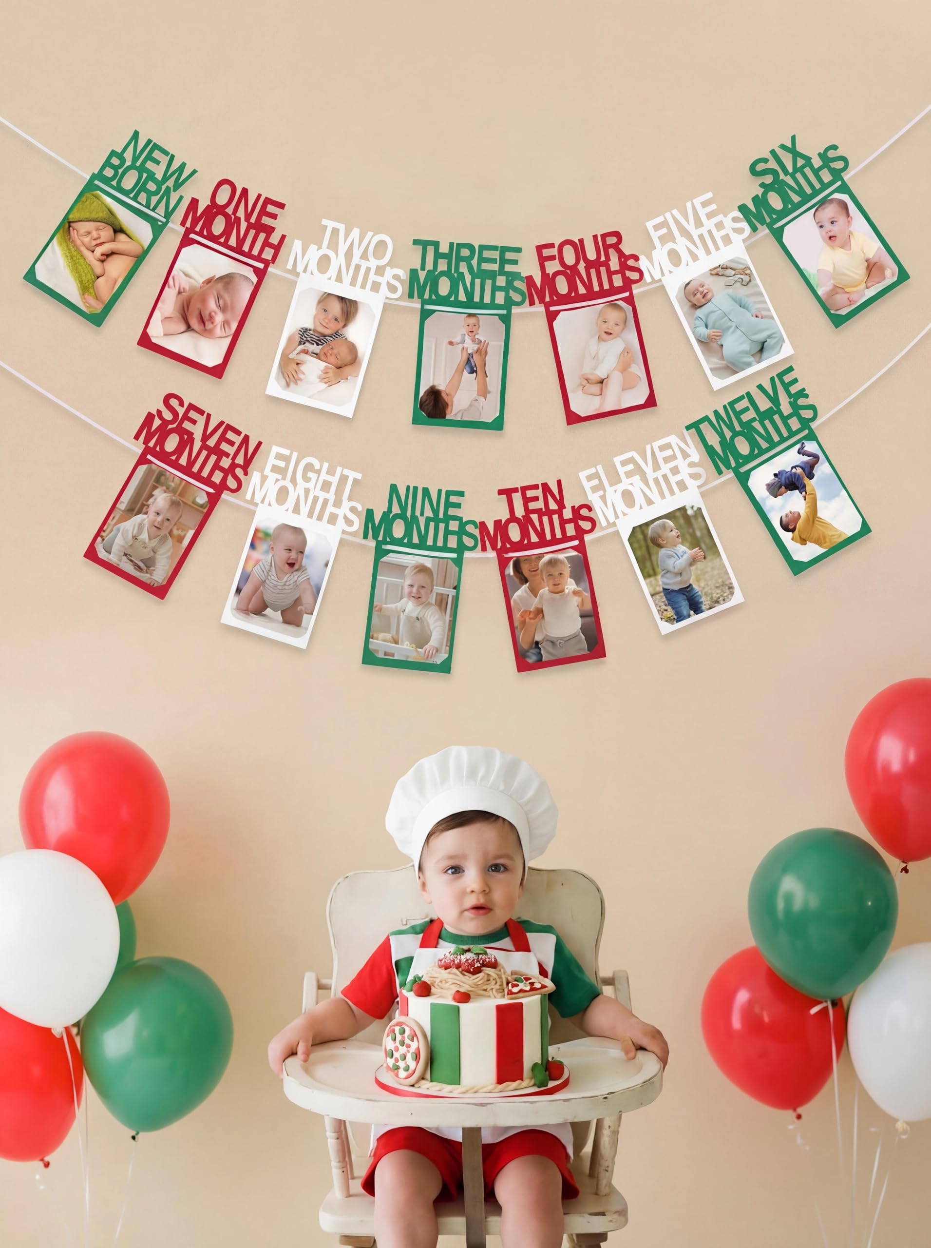 Buryeah Italian Picnic Theme 1st Birthday Photo Banner for Baby from Newborn to 12 Months Pizza Theme One Year Photo Banner with Frame First Birthday Decorations for Girl Monthly Milestones Garland