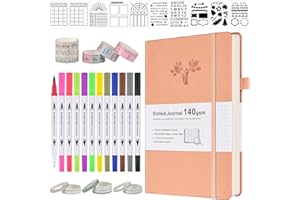 OFFIGIFT Bullet Dotted Journal Kit, 140gsm Hardcover A5 Dotted Journal with 188 Numbered Pages and 3 Index, 12 Brush Pens Dual Tip, 10 Stencils and 14 Washi Tape for Women Men Teen Girls, Pink