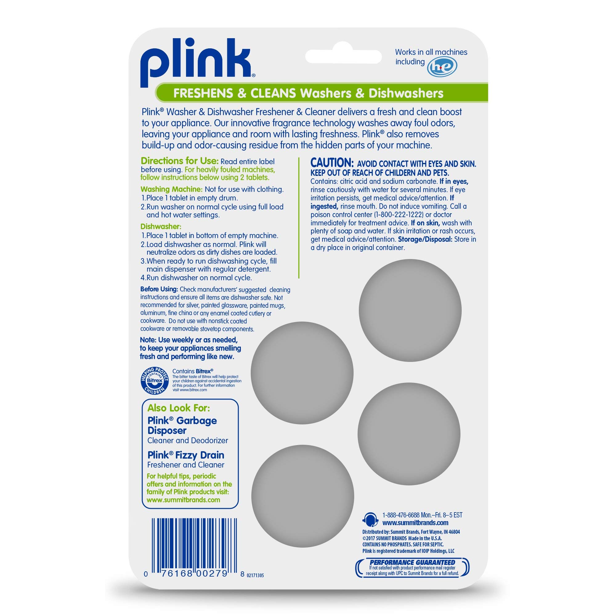 Plink 9024 Summit Brands Washer and Dishwasher Freshener Cleaner, 4 Tabs, Yellow, 1 Count (Pack of 4)