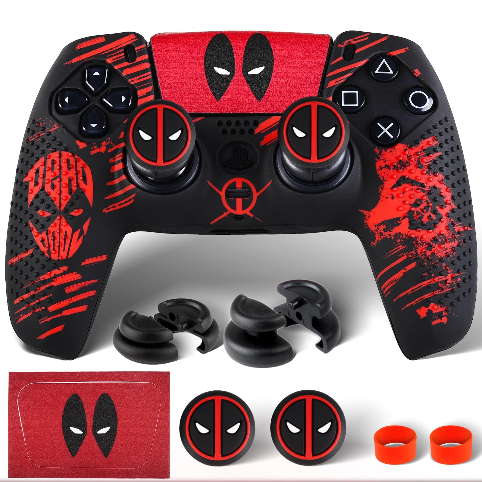 PlayRealm Silicone Skin Cover Sticker x 1 & Extender Grips x 2 for PS5 Controller Deapool