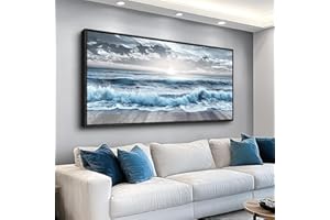 ERQINHUA Large Canvas Wall Decor For Bedroom Wall Art For Living Room Office Decor Blue Beach Sea Wave Paintings Sunrise Ocean Seascape Wall Pictures Artwork Modern Home Decor Black Frame 24x48 In