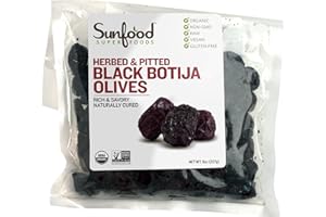 Sunfood Superfoods Organic Raw Olives - Herbed & Pitted Peruvian Black Botija Olives - Hand Selected, Sea-Salt Cured, Low Temperature Dried - Great Natural Snack or Vegetarian Meat Substitute - 8 oz