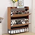 LEVNARY Shoe Storage Cabinet with 2 Flip Drawers, Wooden Narrow Shoe Cabinet Storage for Entryway, Freestanding Shoe Rack Organizer Cabinet with Metal Legs for Hallway (1, Walnut)