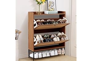 LEVNARY Shoe Storage Cabinet with 2 Flip Drawers, Wooden Narrow Shoe Cabinet Storage for Entryway, Freestanding Shoe Rack Organizer Cabinet with Metal Legs for Hallway (1, Walnut)