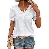 SweatyRocks Women's Puff Sleeve Lace Trim V Neck Eyelet Top Embroidery Blouse