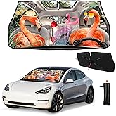 Edeeil Funny Flamingo Car Umbrella Sun Shade Cover Palm Leaf Foldable Car Windshield Sun Shade Umbrella Block UV Rays Heat Keep Vehicle Cool for Cars SUV Trucks 57