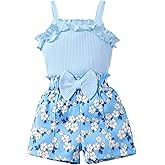 Kucnuzki Toddler Baby Girl Clothes Sleeveless Tank Tops Ruffle Halter Shirts Floral Shorts 2 Piece Set Summer Outfits