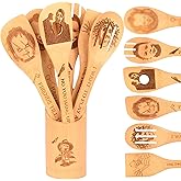 Halloween Bamboo Spoons Set of 7 - Engraved Spooky Wooden Utensils with Holder, Kitchen Decor Gift for Halloween Party Christmas