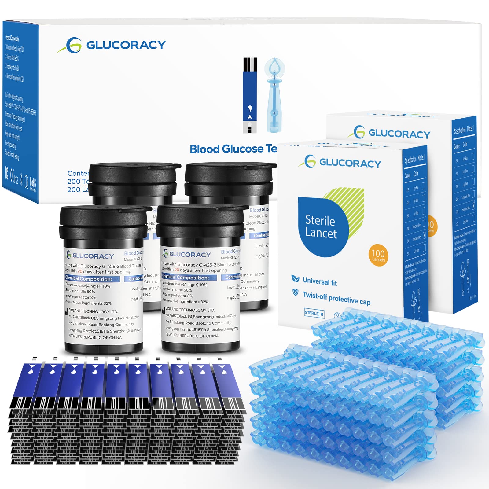 Glucoracy Blood Glucose Test Strips G-425-2, 200 Blood Sugar Test Strips for Diabetes, 200 Lancets, Self Diabetes Blood Glucose Testing, Only Works with Glucoracy G-425-2 Meter