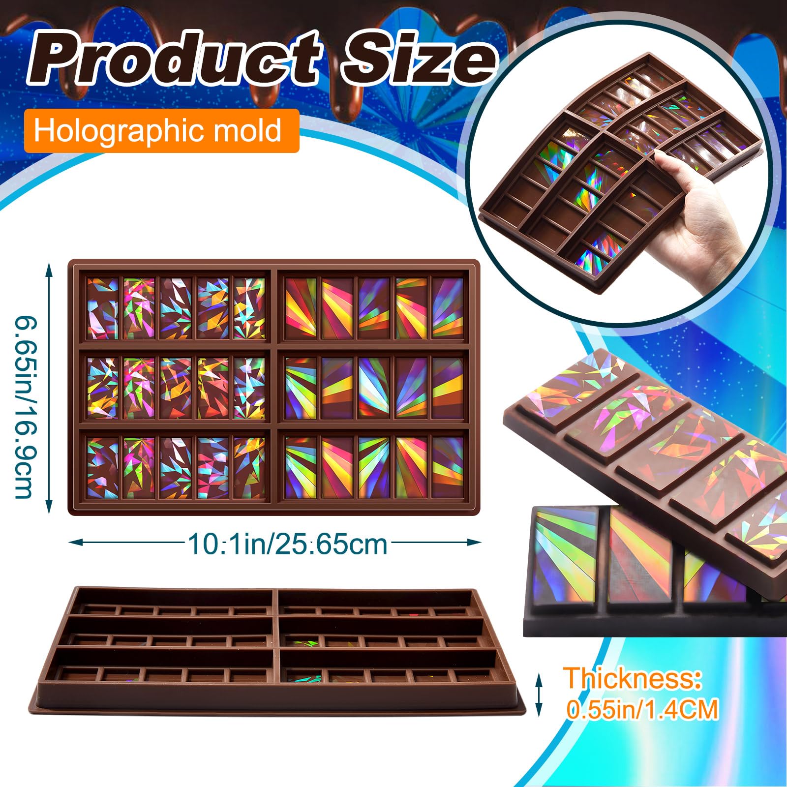 Holographic Chocolate Molds Resin Silicone Chocolate Bar Deep Thick Molds for Christmas Family DIY Baking Wax Melts Party Supplies(Windmill and Snowflake)