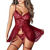 Avidlove Lingerie for Women Lace Babydoll Open Front Nightgown Mesh Chemise with Garter Belts