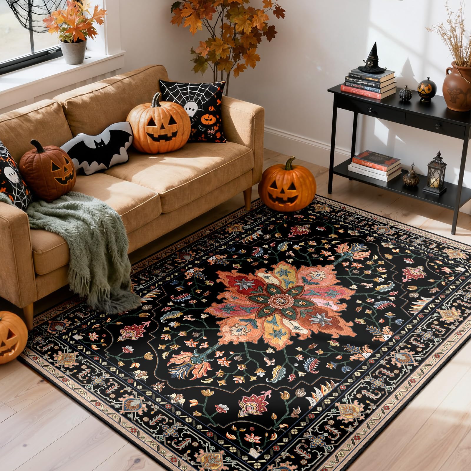 Photo 1 of RELEANY Area Rugs 4'x6' Washable Non-Slip, Floral Vintage Distress Print Pattern Medallion Carpet for Living Room Bedroom Dining Room, Black Colorful Floral Dark Tan