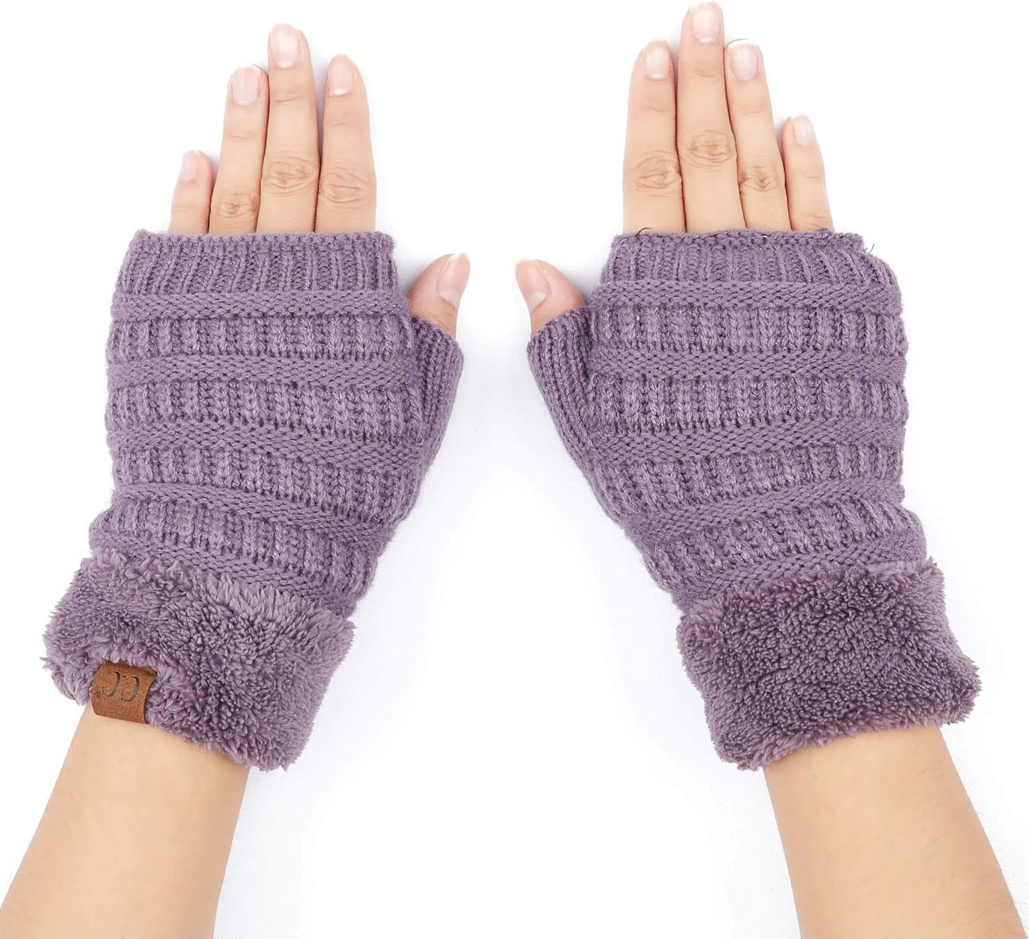 C.C Fingerless Gloves Fuzzy Lined Knit Wrist Warmer Solid Ribbed Glove (FLG25) purple One