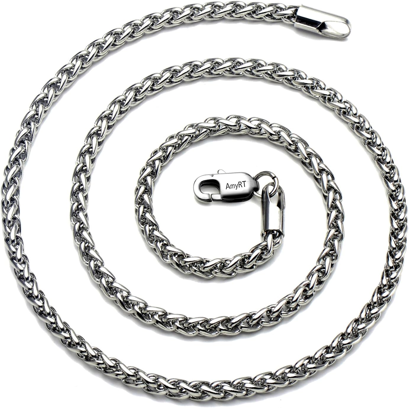 AmyRT Jewelry 4mm Titanium Steel Wheat Silver Chain Necklaces for Men & Women 16" -30"