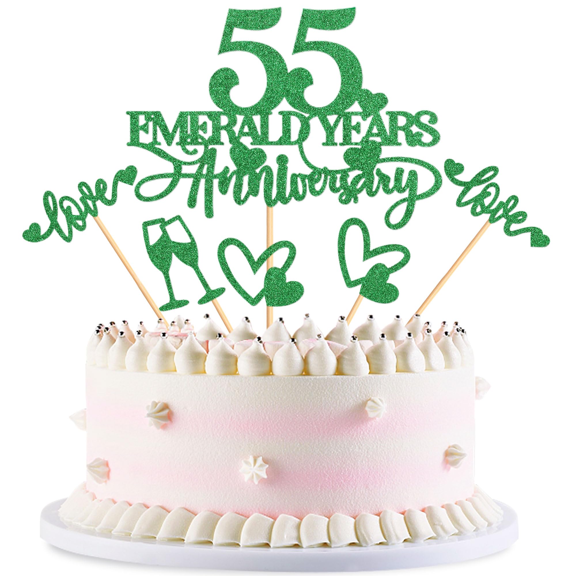 Blumomon 25Pcs 55th Anniversary Cake Toppers Emerald 55th Weddding Anniversary Heart Cake Decoration for 55 Emerald Wedding Celebration Party Supplies