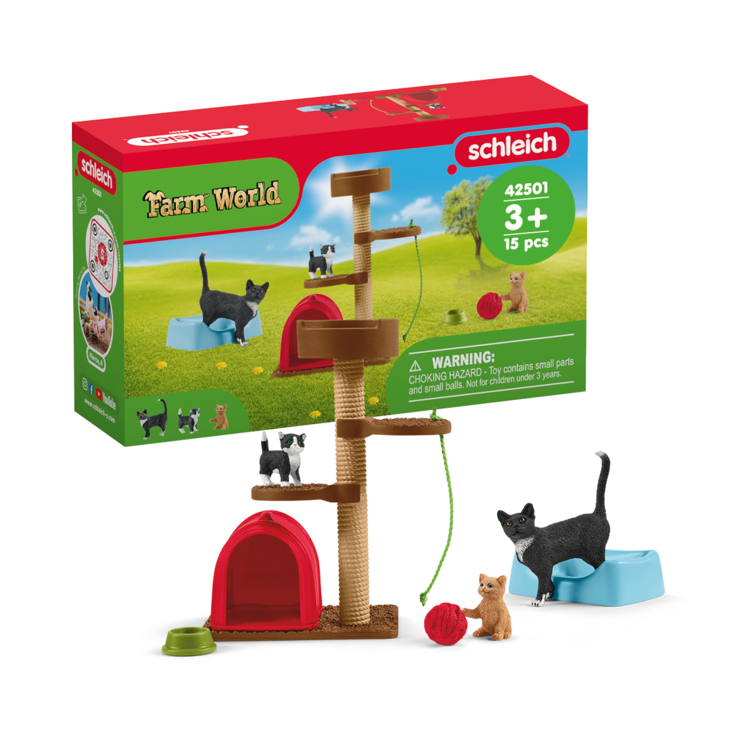 SCHLEICH FARM WORLD 42501 Bauernhof Spielzeit für Niedliche Kätzchen Tiere Set - 9-Teiliges Realistisches Mama- und Baby-Katzen-Set, Bauernhof Spielzeug für Kinder ab 3 Jahren