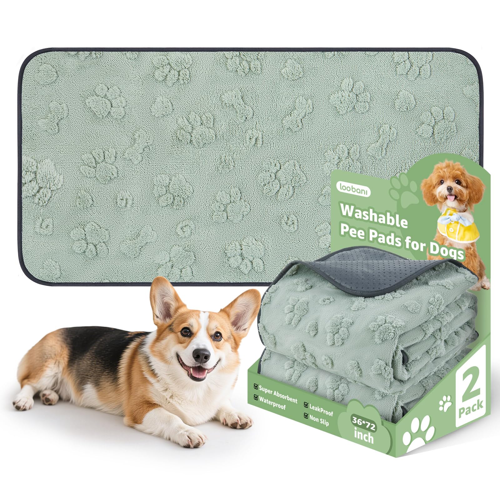 Photo 1 of LOOBANI Washable Pee Pads for Dogs: 2 Pack Super Absorbent Reusable Puppy Pads, Leakproof and Waterproof Dog Training Pads Whelping Pads for Potty, Floor, Crate, Couch, Bed and Travel, 36"x72"