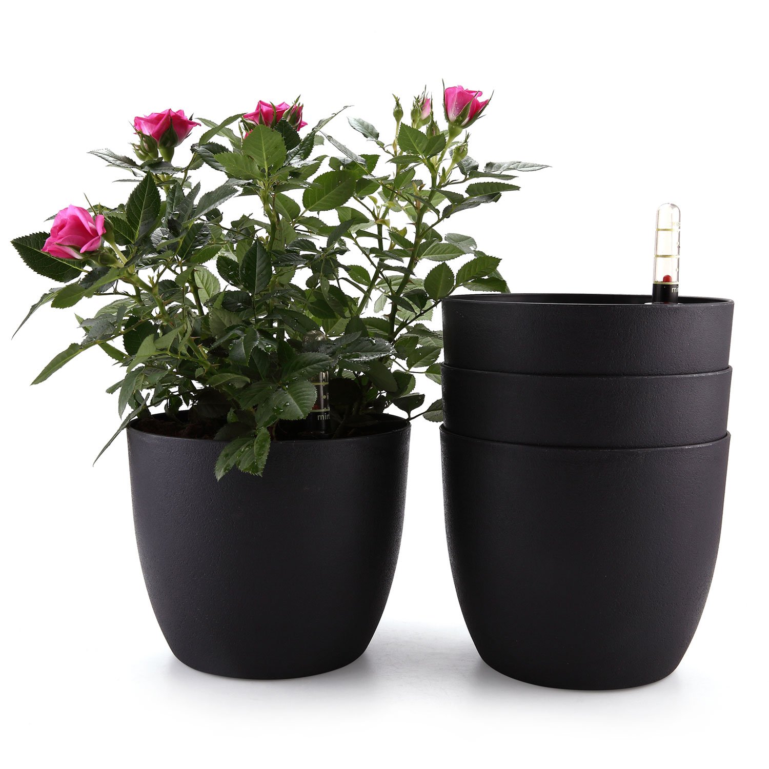Photo 1 of T4U 7 Inch Plastic Self Watering Planter with Water Level Indicator Black Set of 4, Modern Decorative Planter Pot for All House Plants, Flowers, Herbs, African Violets, Succulents