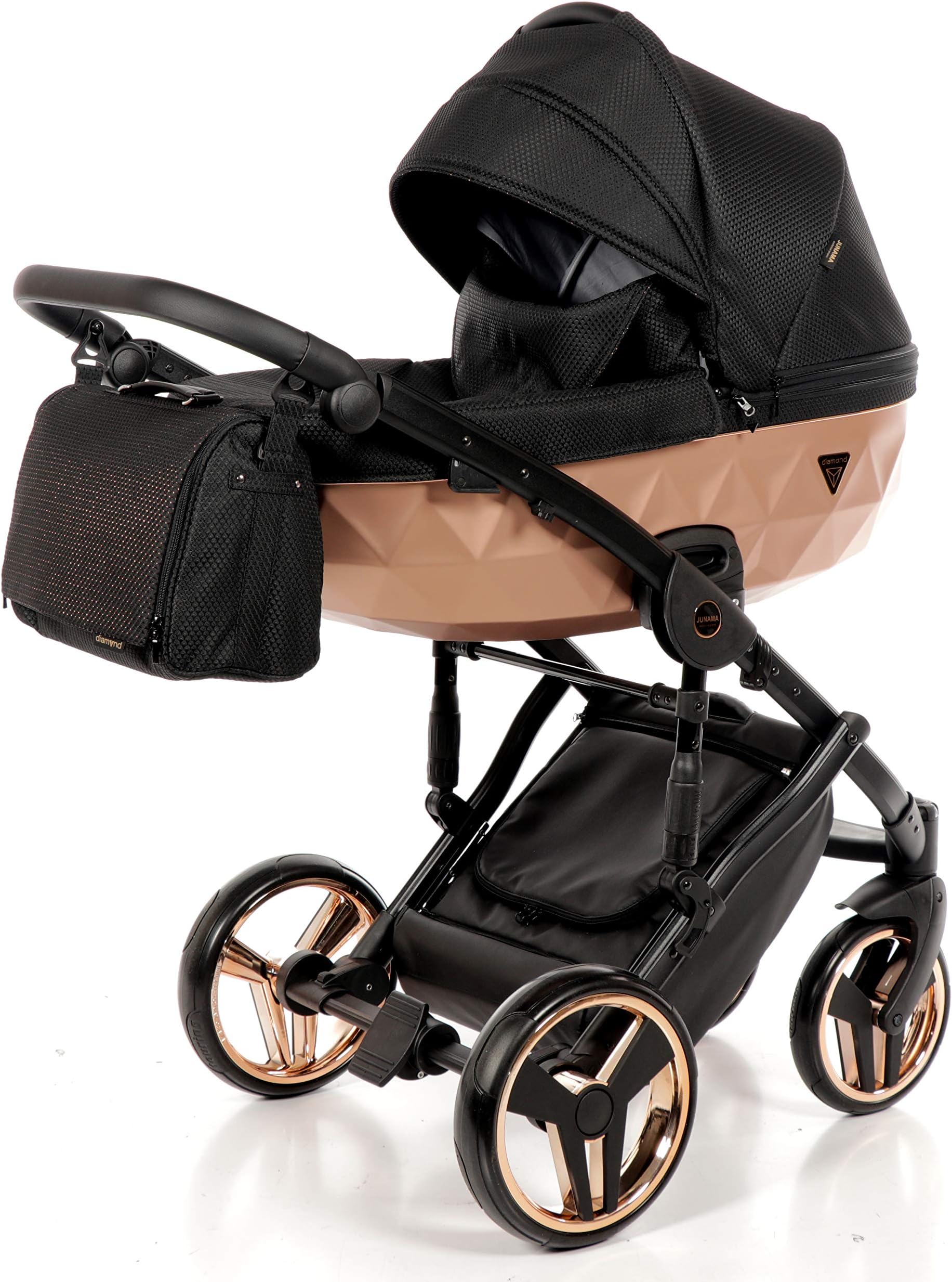 Combination Children's Pram Set JUNAMA Diamond Mirror Satin Baby Pram Buggy Pushchair + Accessories (02 Satin Schwarz - Kupfer, 2IN1)
